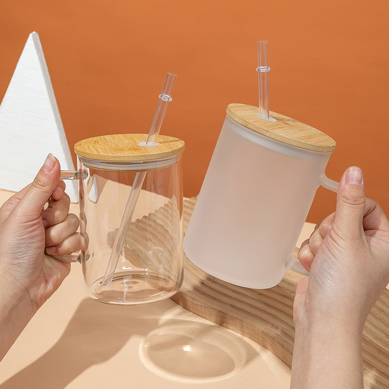 新款透明玻璃马克杯高硼硅玻璃水杯家用把手简约大口径竹盖磨砂杯
