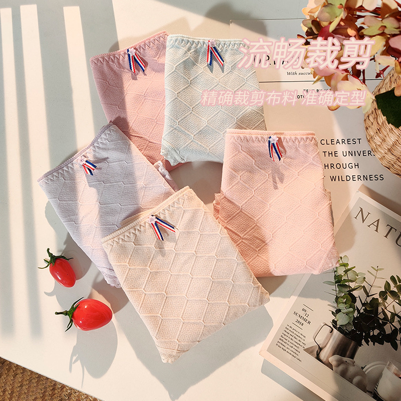 New student simple mid waist mesh cotton girl pure color bowknot women's briefs wholesale details Picture