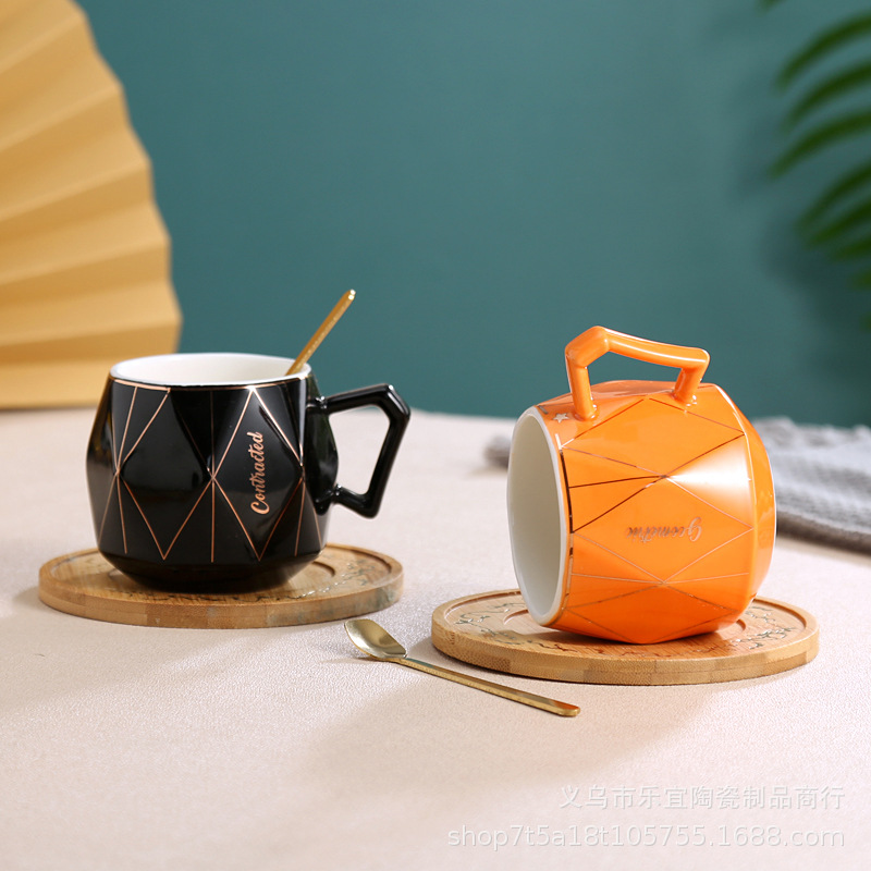 Mug Nordic Fashion Diamond Gold Gold Coffee Cup Wooden Dish Light Luxury Creative Tracing Gold Ceramic Brick Cup With Spoon Application Scenario