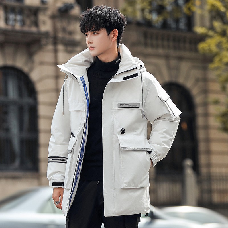 White duck down men's down jacket, mid-length thickened and warm Korean style trendy down jacket, large size