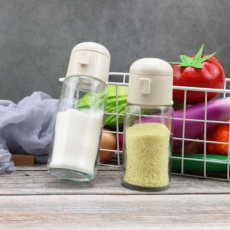 Press-type seasoning bottle, quantitative salt bottle, measuring and controlling salt jar, glass seasoning bottle, moisture-proof kitchen seasoning supplies details Picture