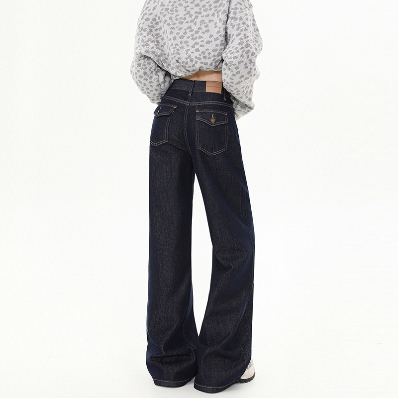 Denim deep blue natural-color jeans for women 2024 autumn/winter, loose, narrow, wide-leg, high-waist, slimming, laid-back, floor-length pants details Picture