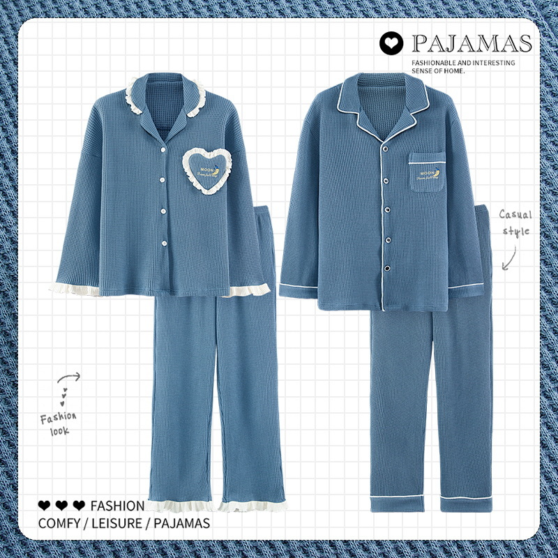 New autumn and winter couple pajamas, women's casual cardigan, cotton long-sleeved men's suit, spring and autumn waffle home wear