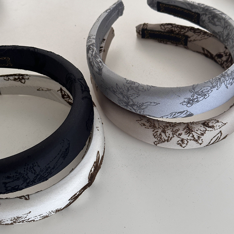 New Premium Satin Grey Champagne National Style Velvet Print Fine Sponge Headband Elegant Temperament Headband details Picture