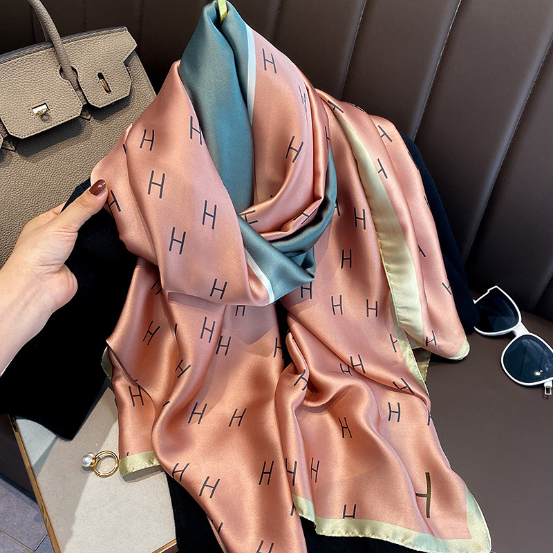 Sun Block Silk Scarf Korean Version Of The New All-In-One Printed Imitation Silk Women's Scarf Decorative Thin With Shawl Beach Towel details Picture