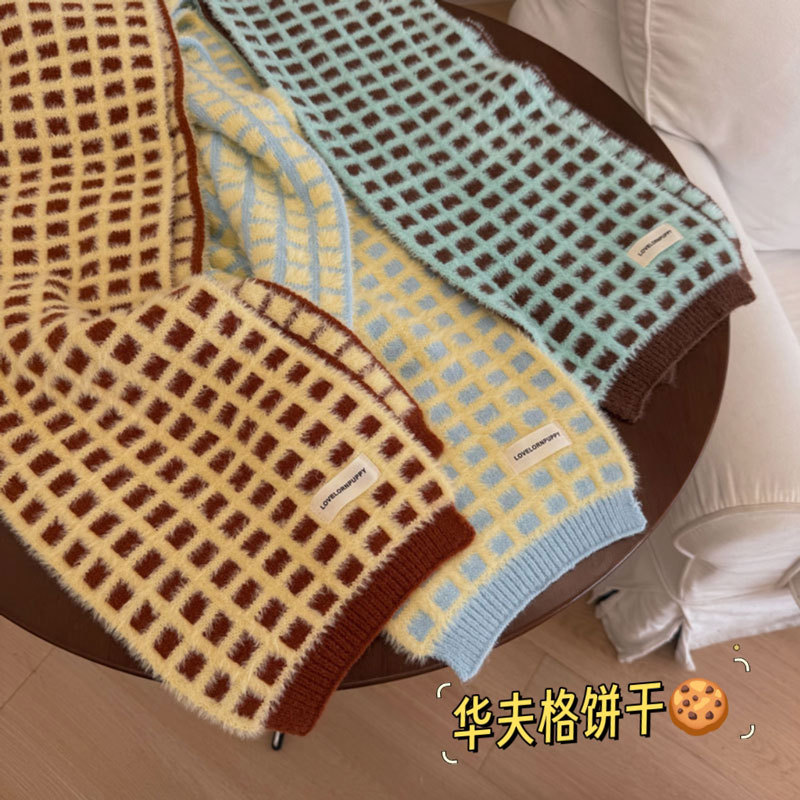 原创设计华夫格饼干格子围巾女秋冬新款韩系氛围感仿羊绒保暖围脖