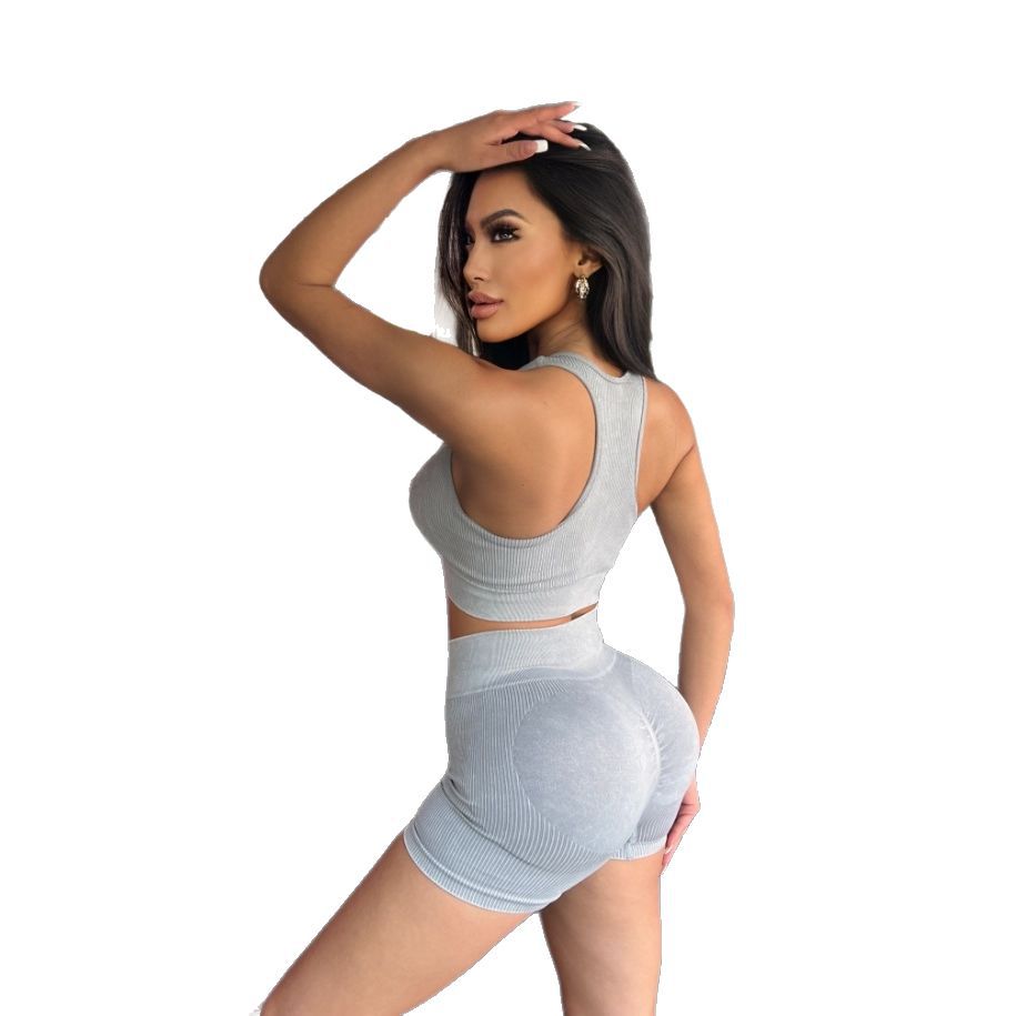 New seamless sportswear sets, hip-lifting matte shorts, washed threaded yoga wear sets, and sand-washed vest sets Item Picture