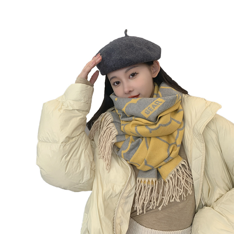 Cute Bear Cashmere Scarf Feel Tassel Shawl Soft Sister Winter Korean Student Scarf Warm Thick Neck Item Picture