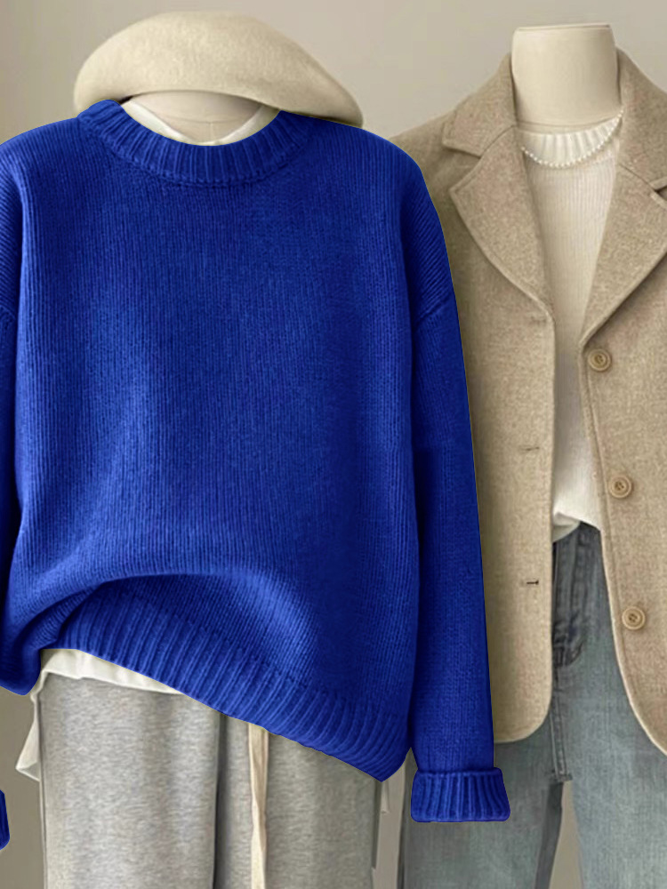 日系复古深绿色毛衣女秋冬宽松慵懒风圆领套头打底内搭针织衫加厚详情3