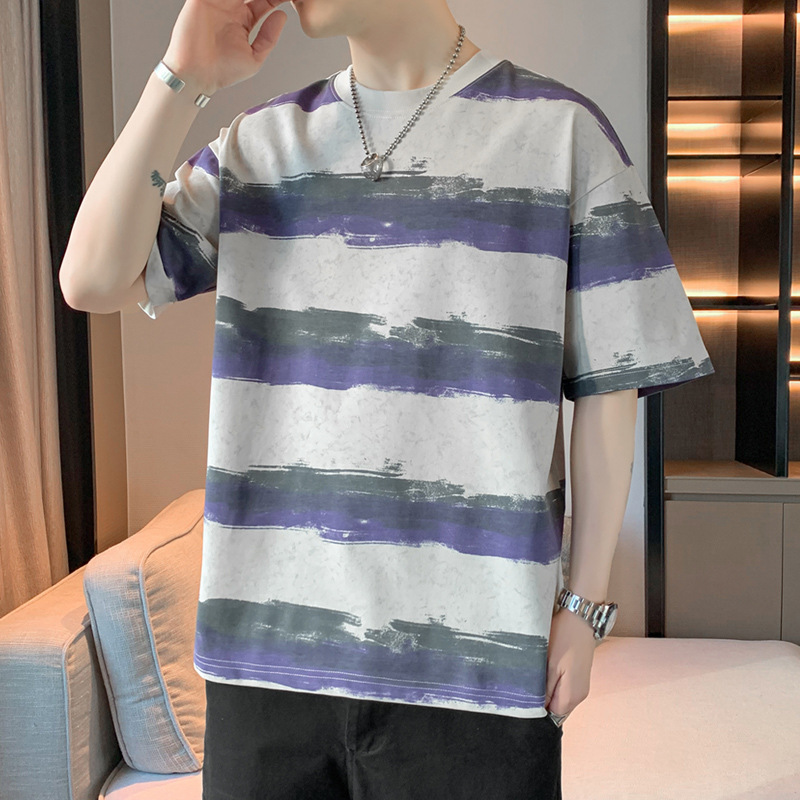 Loose and casual short-sleeved T-shirt, men's round-neck striped summer thin half-sleeved base layer, men's trendy cotton top Specification image
