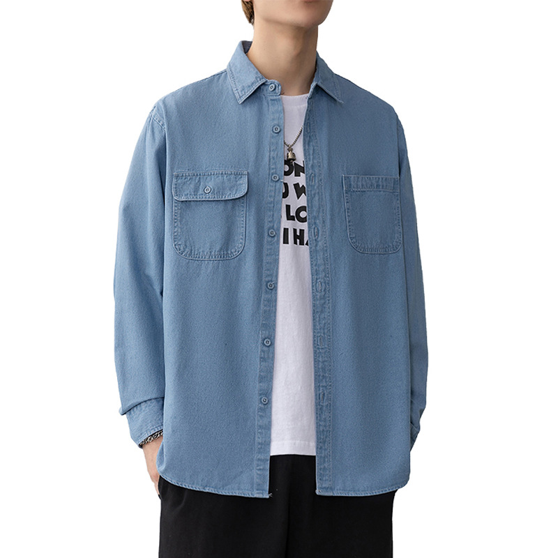 牛仔衬衫长袖白底实物图