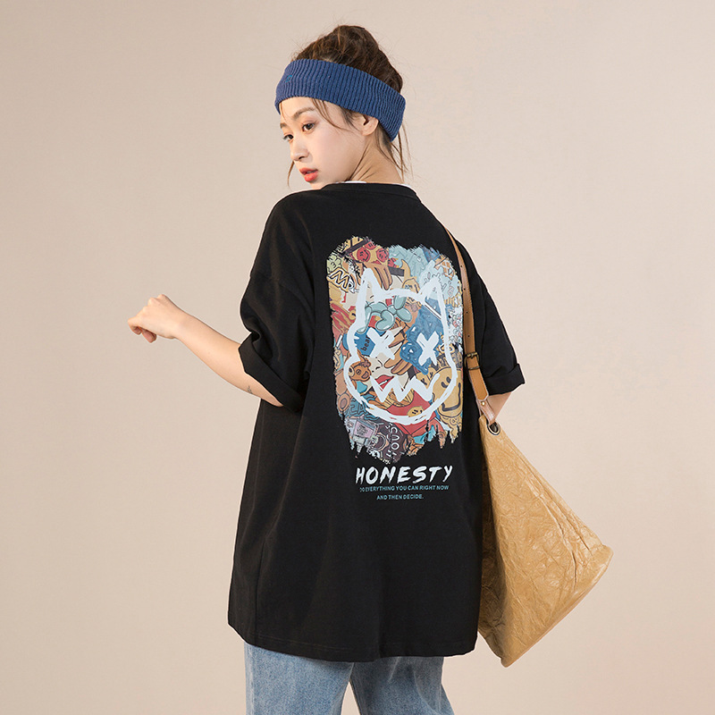 Hanlu Women's fashion brand colorful printed short-sleeved T-shirt for women 2022 Summer New style Loose pure cotton round-neck T-shirt Specification image