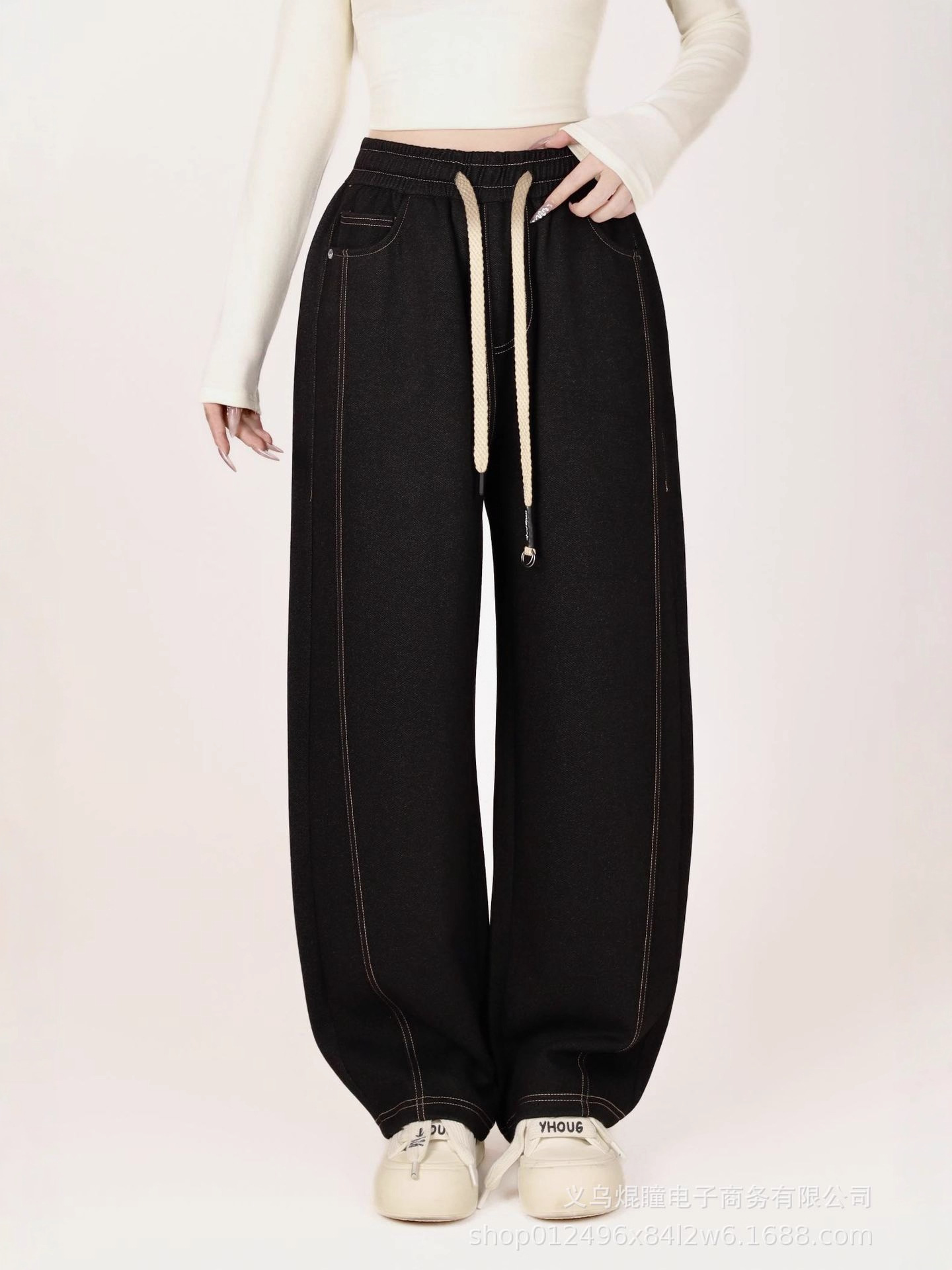 天丝牛仔裤女款香蕉裤2025春秋款中高腰抽绳直筒弯刀裤宽松休闲裤