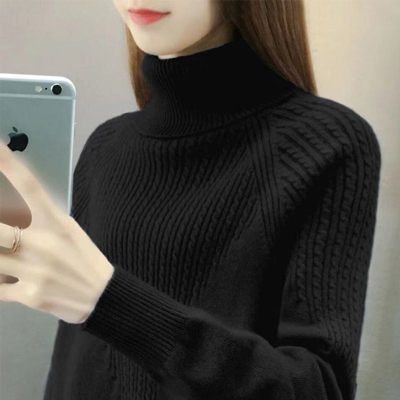 A new Korean-style high-neck sweater for women, versatile outerwear, spring and autumn pullover, solid color, slimming, long-sleeved casual knitted base layer details Picture