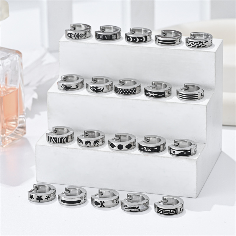 Cross-border simple stainless steel hand-polished, corrosion-filled and oiled earrings and earrings, men's trendy Korean-style versatile ear ring accessories