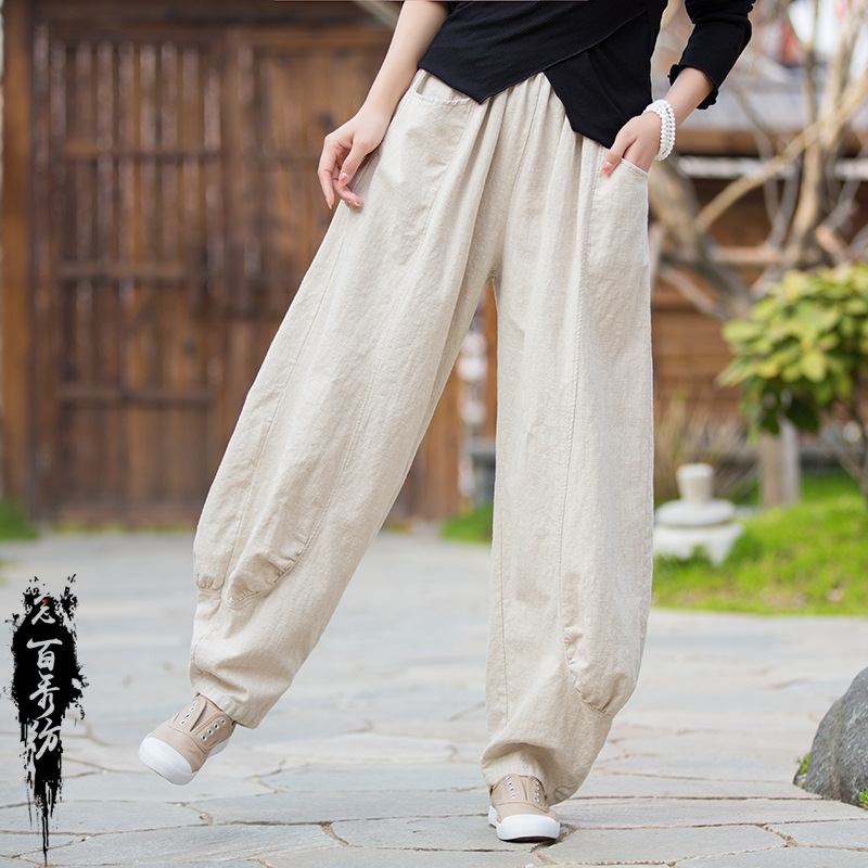2022 Summer New ramie sand washable soft and versatile long pants, women's Zen-style home and travel casual pants, women's wide-leg pants Specification image