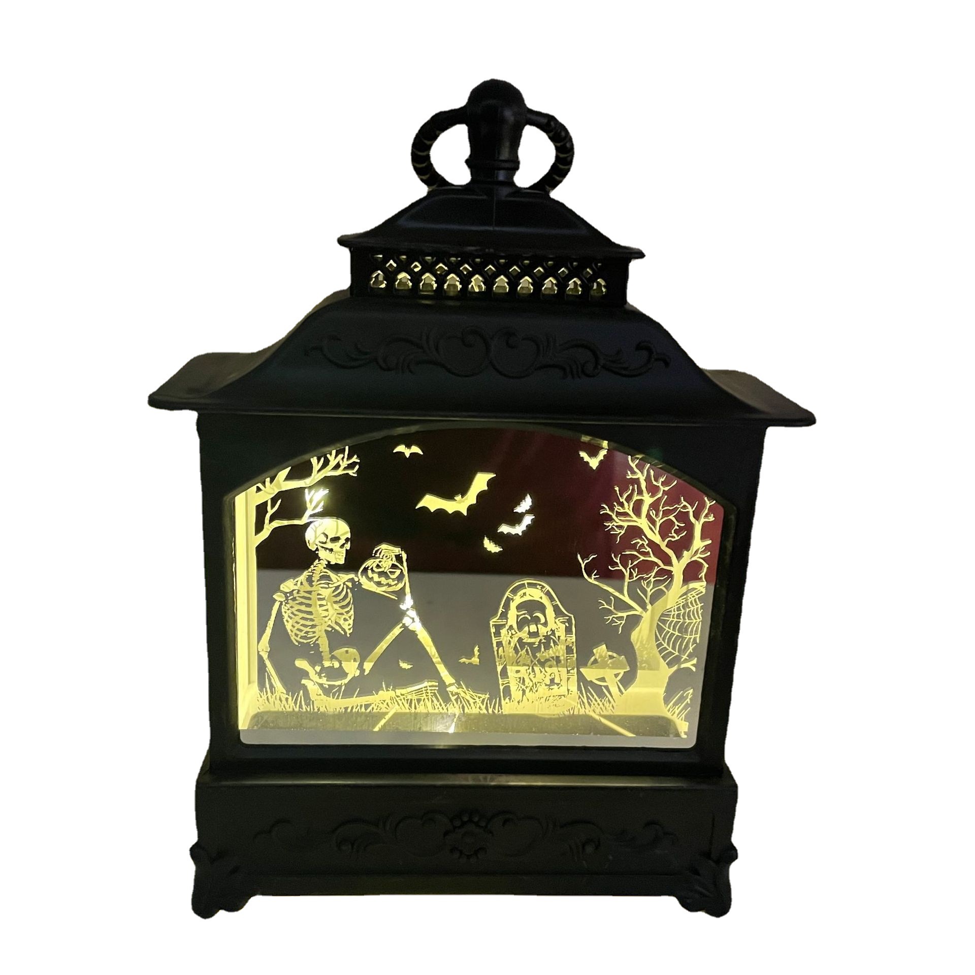 万圣节发光摆件道具/风灯扁风灯油灯/鬼节装饰氛围道具骷髅麋鹿白底实物图