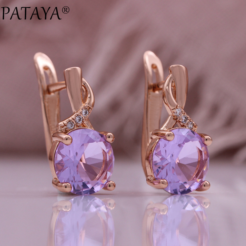 PATAYA fashionable purple round zircon exquisite women's earrings, 585 rose gold cross-border European and American jewelry earrings details Picture