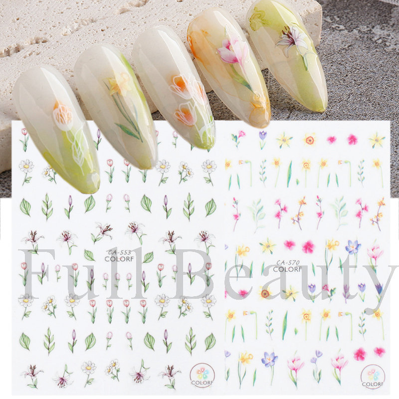 New cross-border nail stickers for Instagram: Fresh and cute tulip, Daisy, colorful flowers, green leaves, and self-adhesive nail stickers