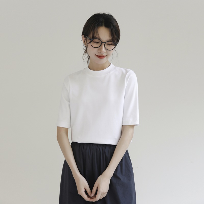 立领短袖五分袖休闲简约t恤女通勤宽松显瘦打底衫上衣