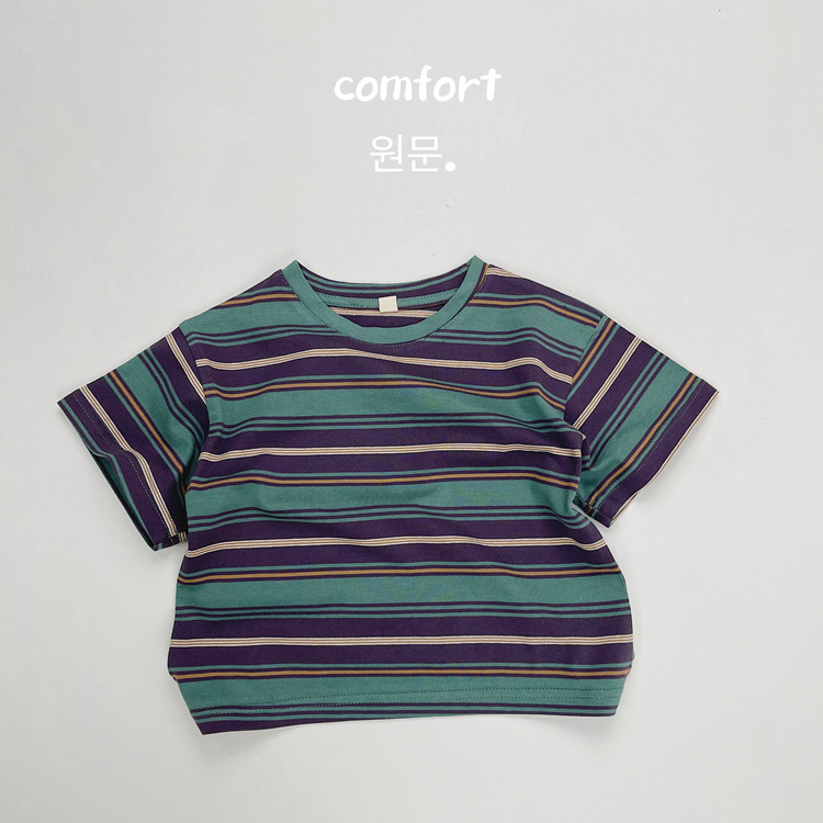 New Korean children's striped T-shirt, summer forest-themed color-blocking short-sleeved top, simple round-neck versatile T-shirt for both boys and girls Specification drawing