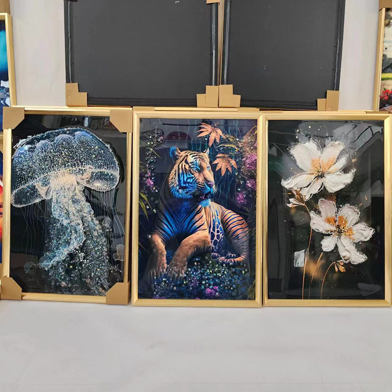 美式轻奢客厅沙发背景墙装饰画个性水母动物挂画外贸镶钻晶瓷画