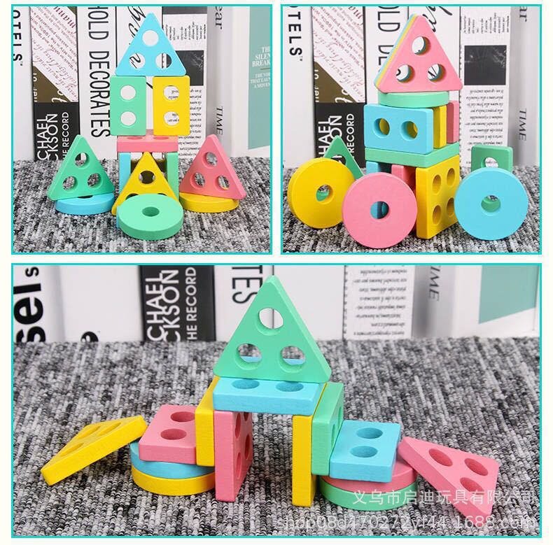 Children's geometric shape set columns paired with wooden toys for color recognition in early education and enlightenment for babies aged 1-3 details Picture