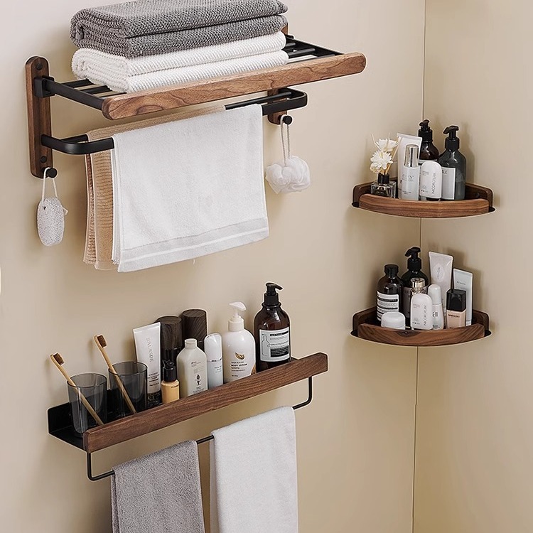 胡桃木黑色壁挂毛巾架套装洗手间浴巾架卫浴毛巾杆置物架五金挂件