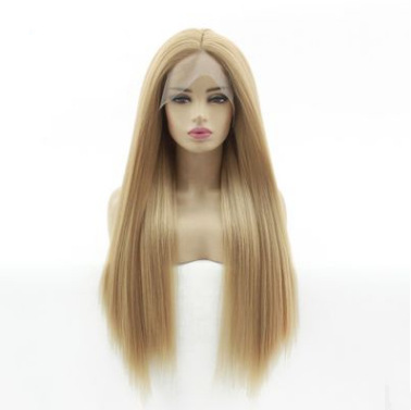 Wholesale European and American chemical fiber front lace mid-parted mixed gold medium long straight hair export wig LW0062