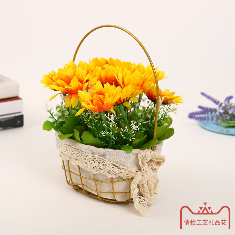 向日葵手提仿/花盆/花瓶/田园风装饰盆/布艺花篮仿真/陶瓷盆栽仿真产品图