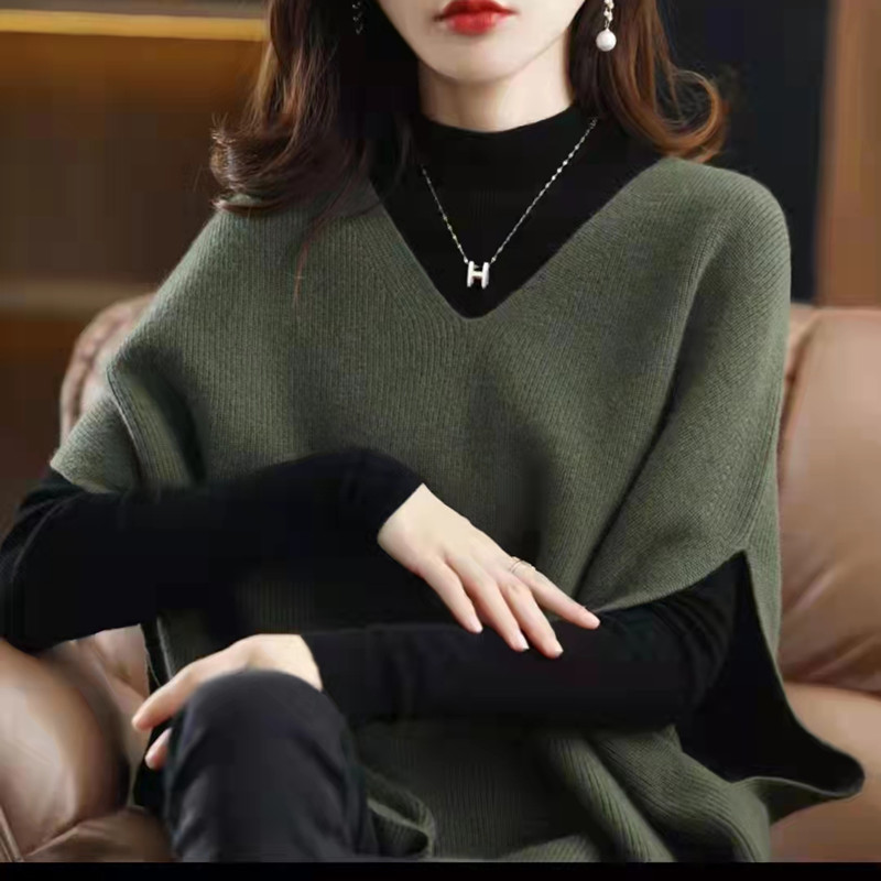 2022春秋季新款毛衣女V领蝙蝠衫马甲背心宽松套头针织衫潮