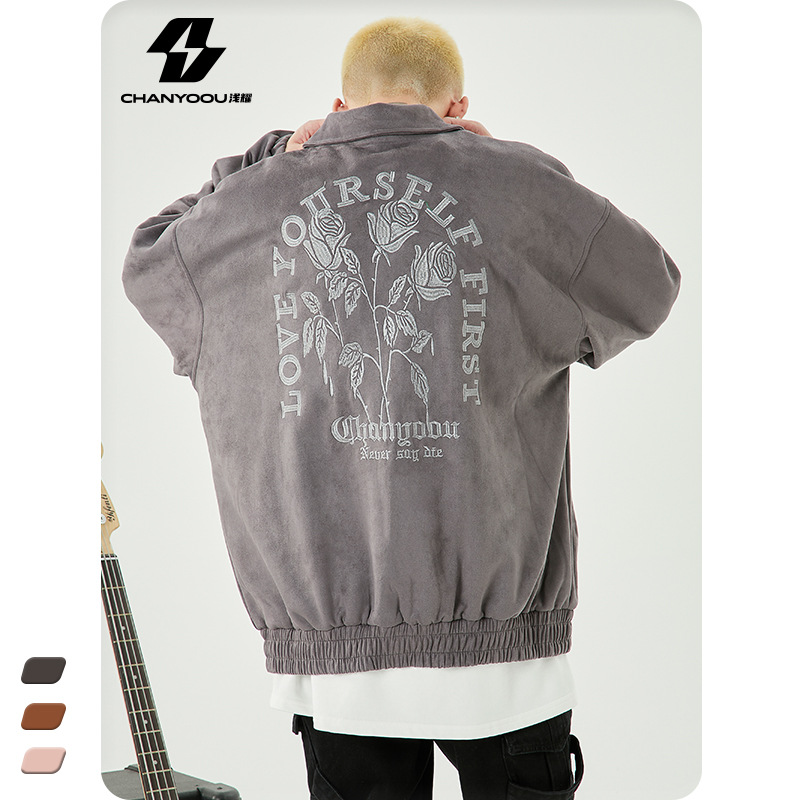 Light Shine Tide Men's Fall Suede Rose Embroidery Jacket Men's Large Size Couple Cardigan Coat A Generation Specification drawing
