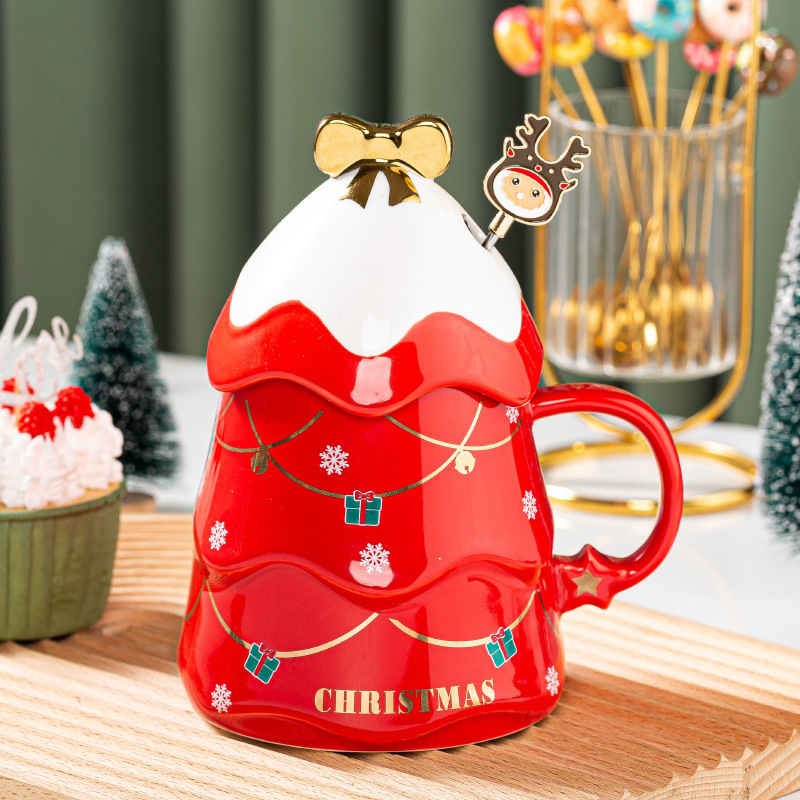 圣诞杯子圣诞礼物创意圣诞树马克杯带盖勺咖啡杯礼品套装