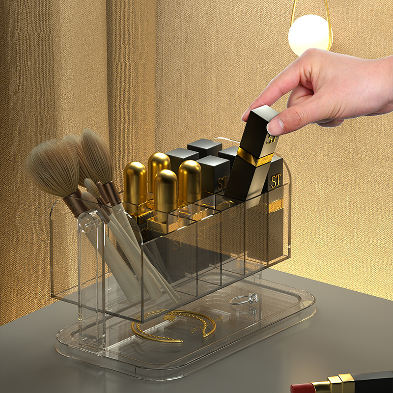 Ins-style lipstick storage box with compartments, cosmetics powder puff, desktop shelf, makeup brush, lip gloss Specification image