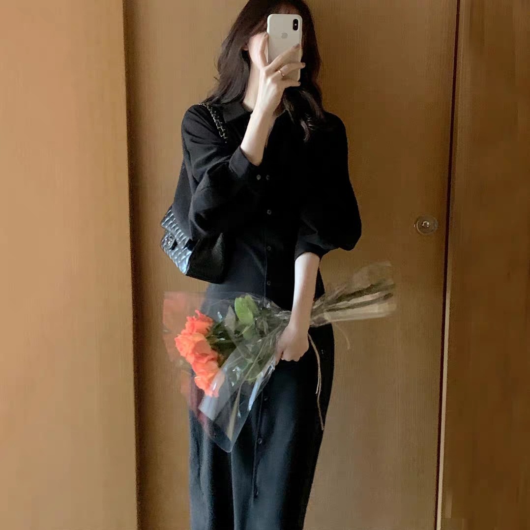 2022 Spring New Korean Version Retro Temperament Waist Slimming Shirt Dress Female French Light Cooked Over The Knee Long Dress details Picture