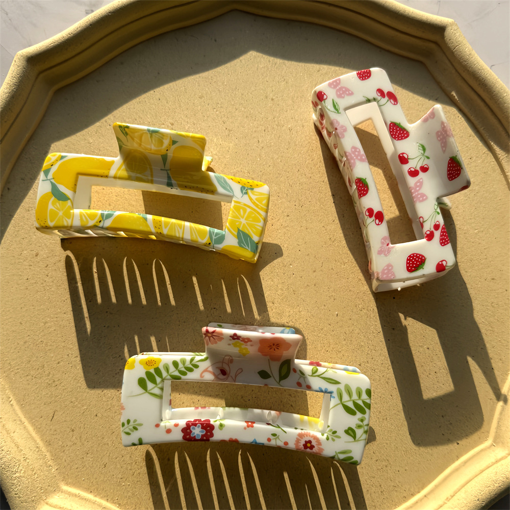 Cross-border bestsellers of colorful printed square grab clips, water-transferred printed fruit elements, bright-colored hair clips and women's hair accessories Specification image