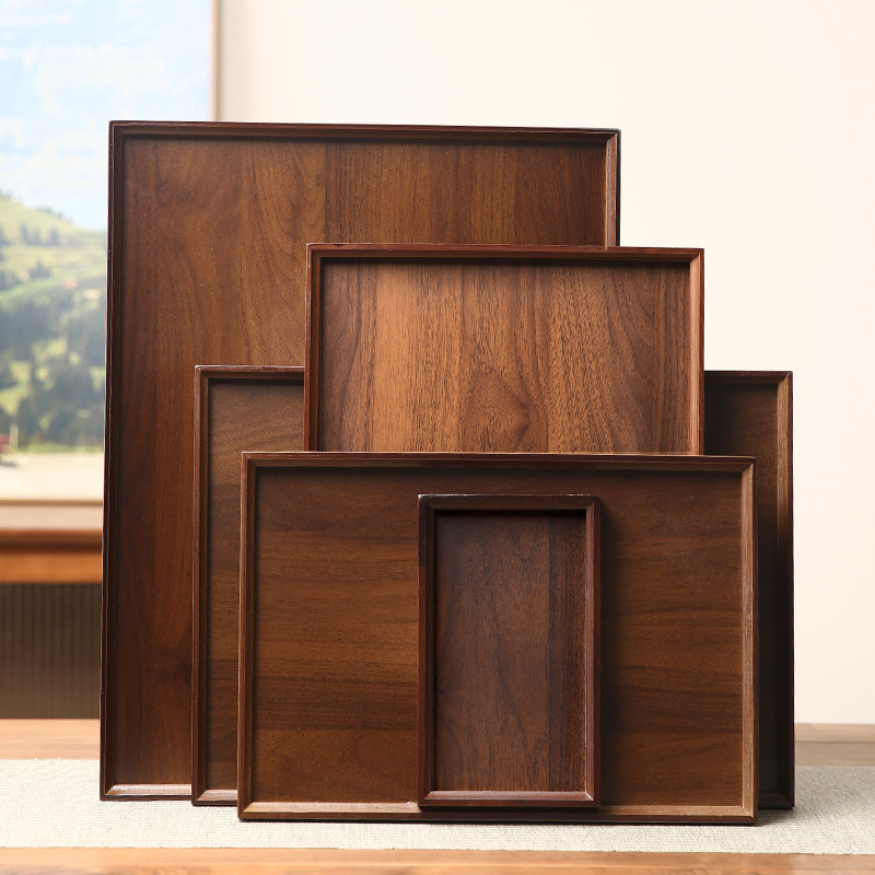 托盘日式茶具商用酒店餐厅展示竹木质盘子复古深色水杯长方形家用