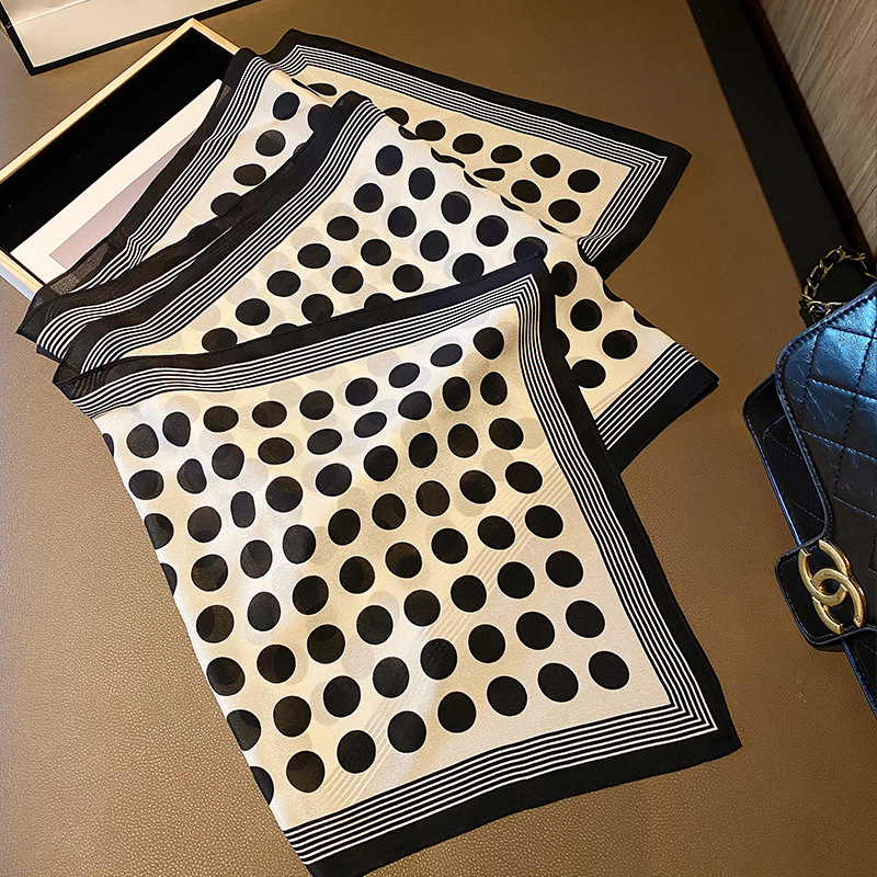 New Korean Thin Black And White Polka Dot Silk Scarf Female Silk Silk Long Scarf Decorative Silk Scarf Silk Crepe De Chine Fringed Application Scenario