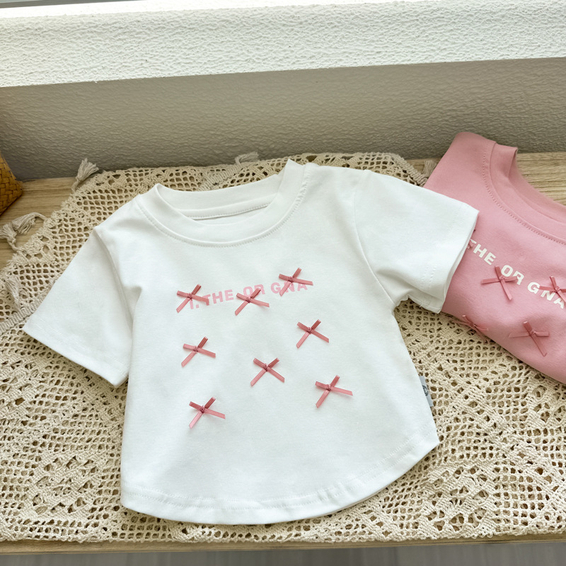 Girls' and children's Clothing 2025 Sweet Summer New Korean-style bow top Cartoon short-sleeved T-shirt Lettered Kids' trend Application Scenario