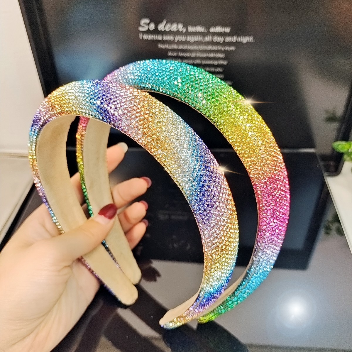 Amazon cross border premium sense color full drill hair hoop mujer simple moda versátil alto grado cranial top hoop accesorios para el cabello details Picture