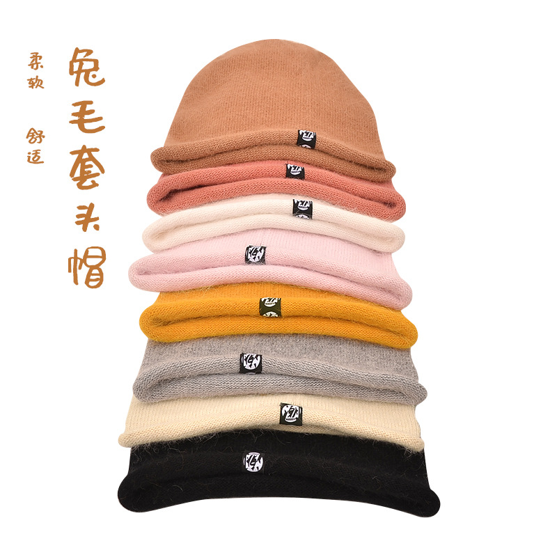 New Long Rabbit Hair Autumn Winter Ladies Warm Hat Big Head Round Short Eaves Show Face Small Pile Pile Hat Warm Knitting