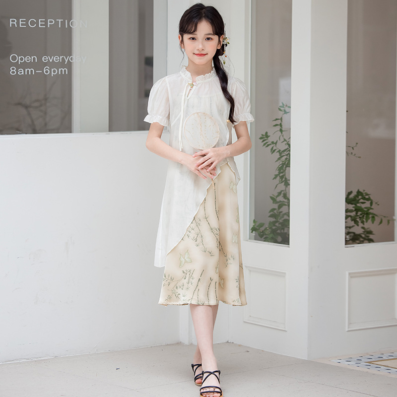 National Trend - Children's Clothing, Girls' Hanfu dress, Chinese style Irregular two-piece set, Summer improved Tang suit, children's cheongsam dress Specification image
