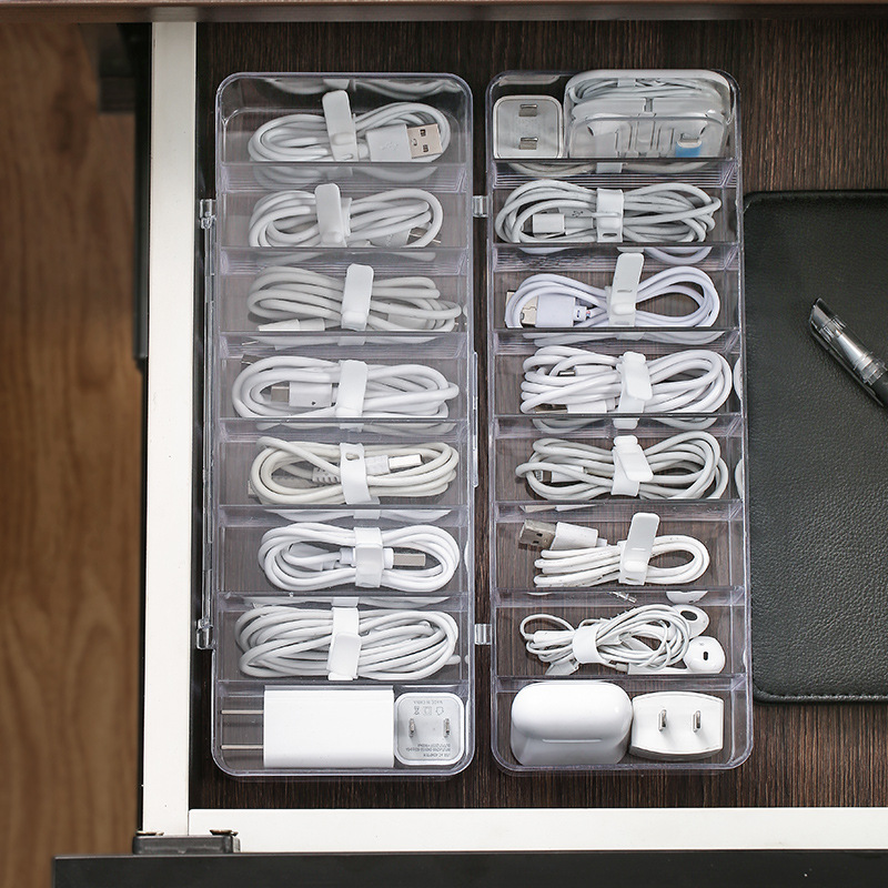 Dust-proof storage and cable management box, hub organization box, desktop data cable storage box, mobile phone charging cable, power cord buckle Application Scenario