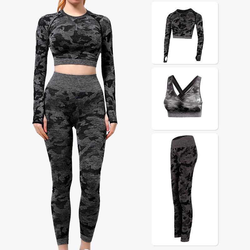 European and American camouflage shark pants high stretch quick drying sports underwear chest pad fitness top yoga suit three pieces thumbnail