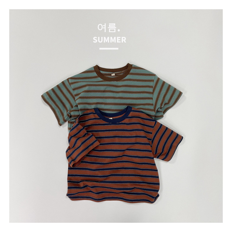 韩系条纹穿搭夏新款儿童条纹短袖T恤男女童纯棉百搭休闲体恤上衣