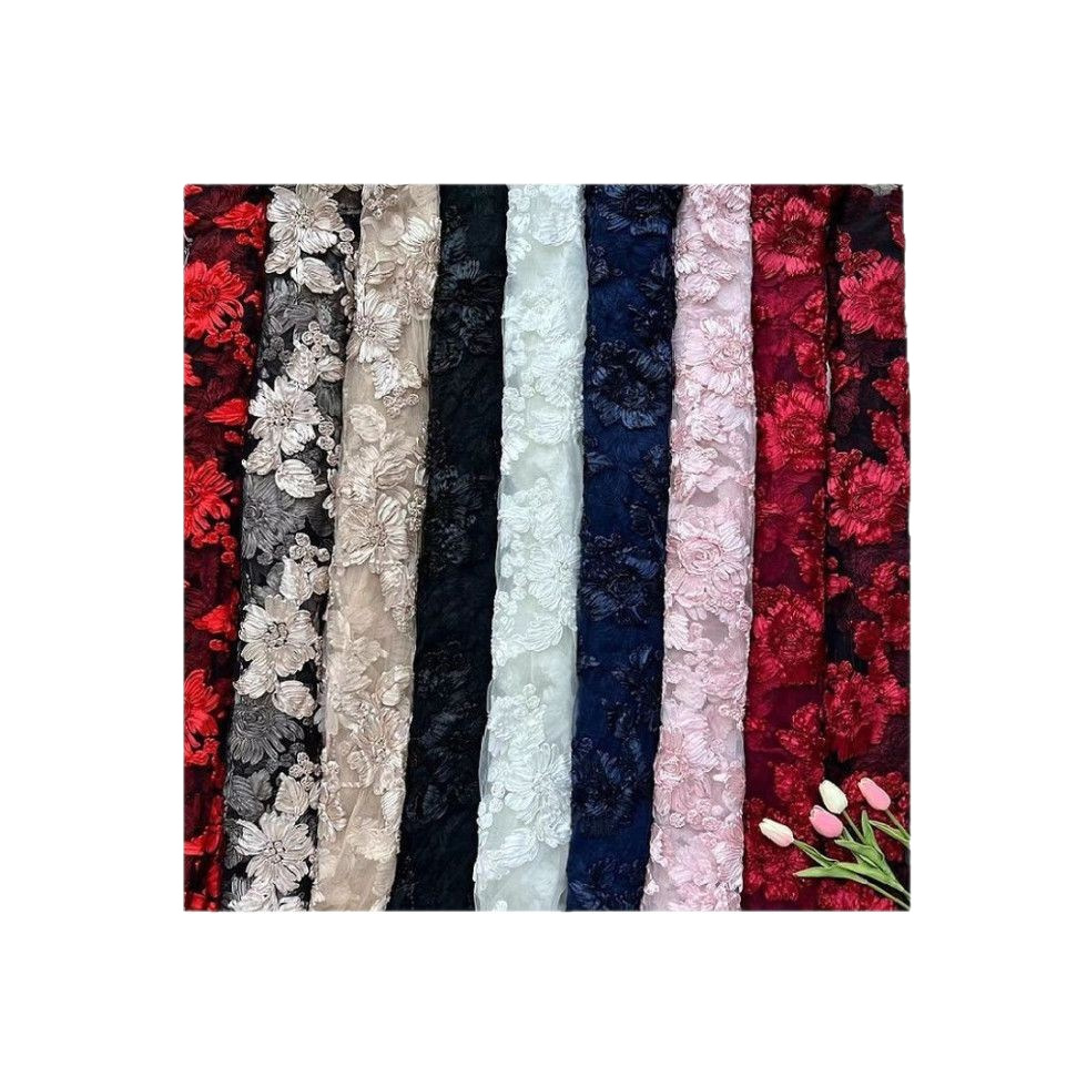 弘利科技 HLJC-332 厂家直销 新款立体网纱盘带芙蓉花绣 蕾丝童装花边 刺绣面料布料 支持剪米样 现货现发 订制白底实物图