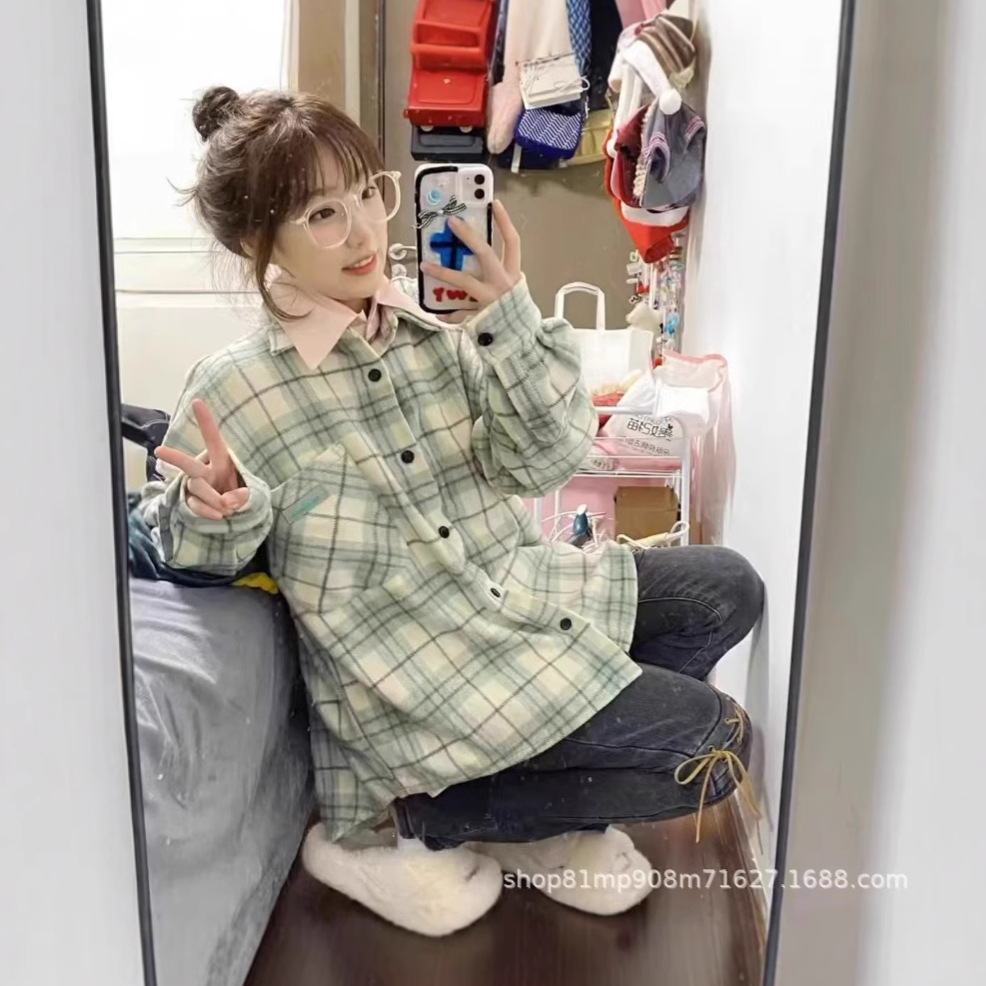 La Chapelle light blue checkered long-sleeved shirt for women's Spring and Autumn 2025 new style college style loose casual jacket top Specification image