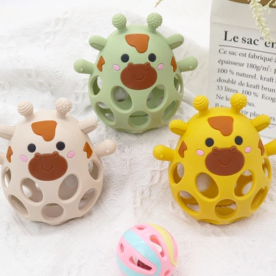Cross-border new Manhattan ball 0-3 baby food-grade silicone hand-held ball hand-cranked bell baby chewing gum thumbnail