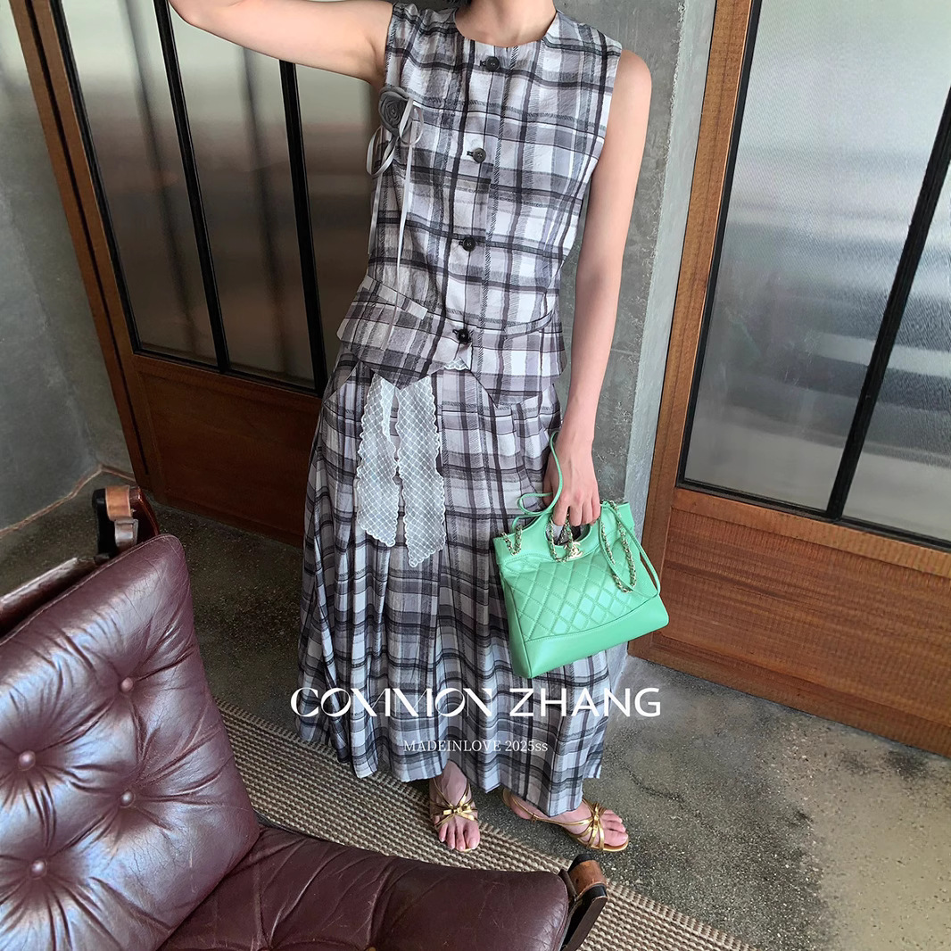 CZ ZHANG Summer Korean version Niche lace-tied hip-covering low-waisted checkered striped A-line skirt B24678 details Picture