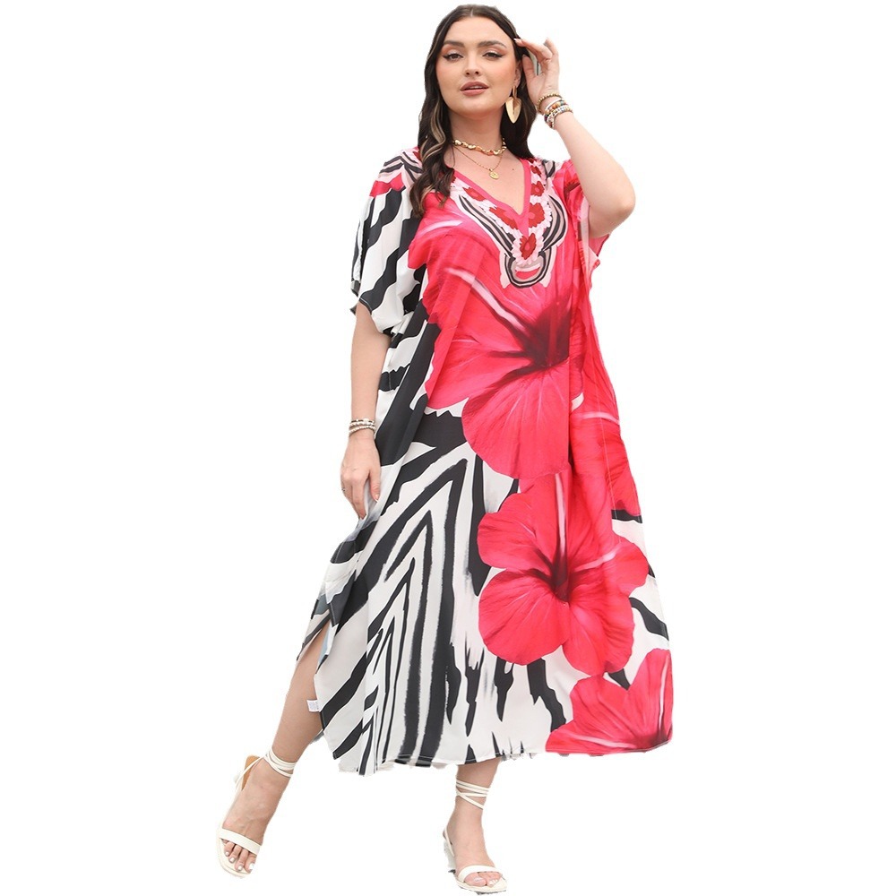 Cross-border European and American beach smock, V-neck Bohemian dress, plus-size dress, bikini sun-protective shirt 5D83 Item Picture